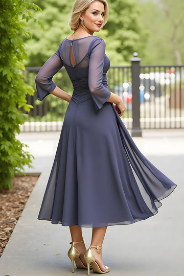 Elégant gris une ligne en mousseline de soie col bateau Midi Robe de la mère de la mariée
